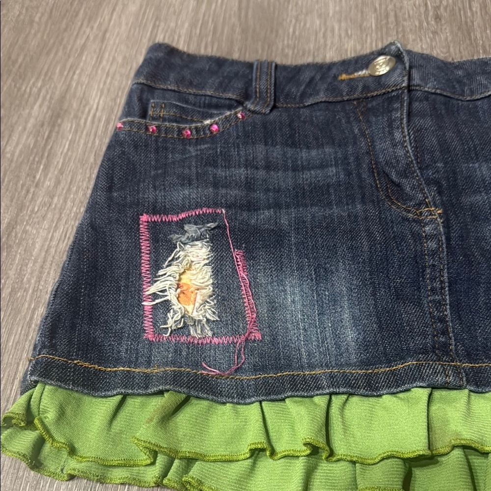 Little Mass Denim Skirt with Green Ruffle - Picture 3 of 5